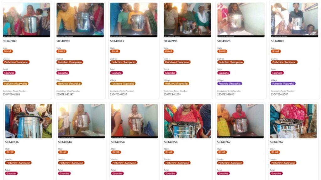 Beneficiaries receiving improved cookstoves as part of a community distribution initiative, each tagged with unique serial numbers.