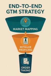 Three-tier funnel showing Market Mapping, Retailer Profiling and Order Taking in teal-orange palette